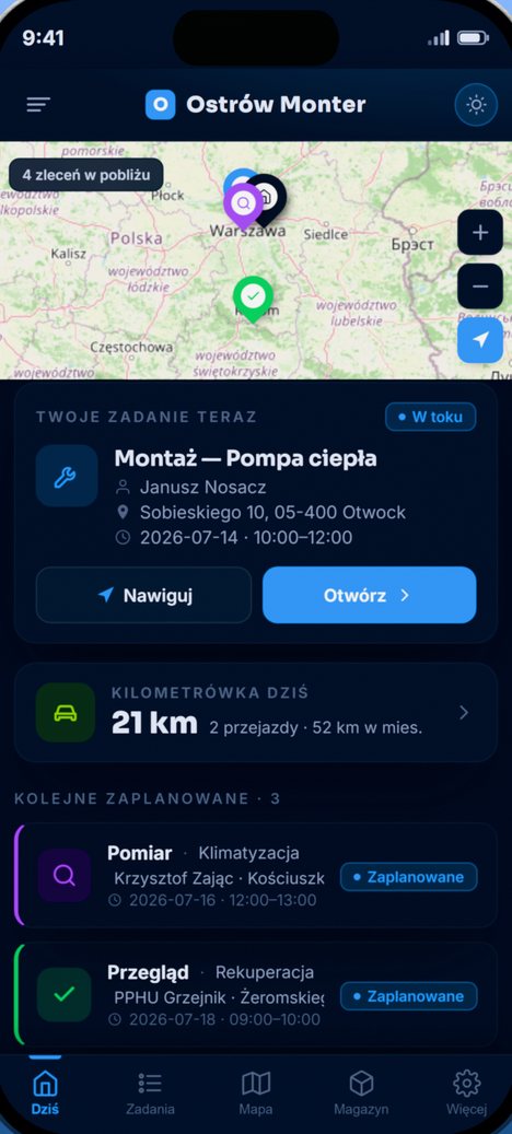 Aplikacja montera: ekran Dziś z mapą, bieżącym zadaniem i kilometrówką