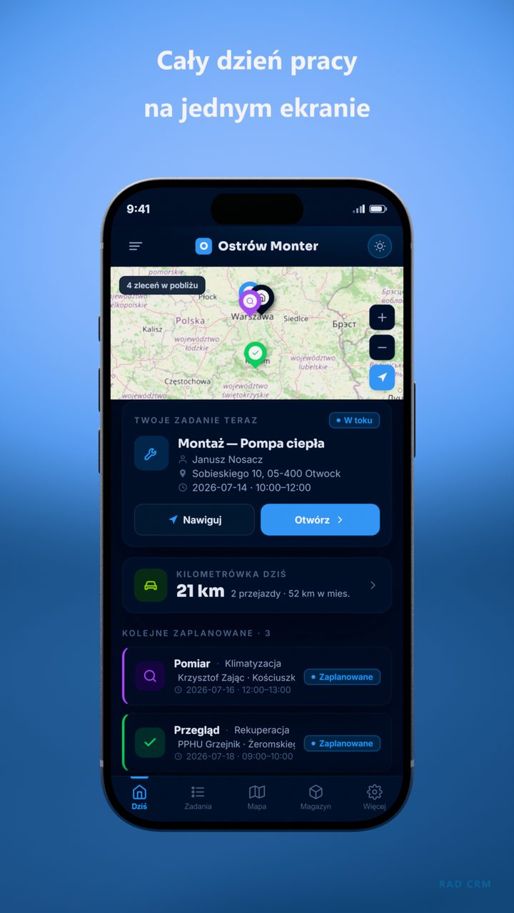 Cały dzień pracy na jednym ekranie — ekran aplikacji RAD CRM