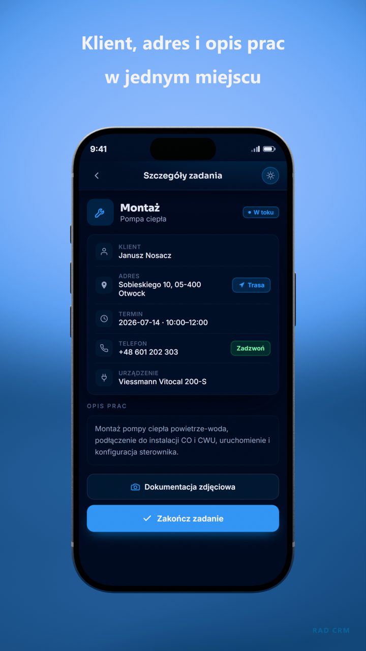 Klient, adres i opis prac w jednym miejscu — ekran aplikacji RAD CRM
