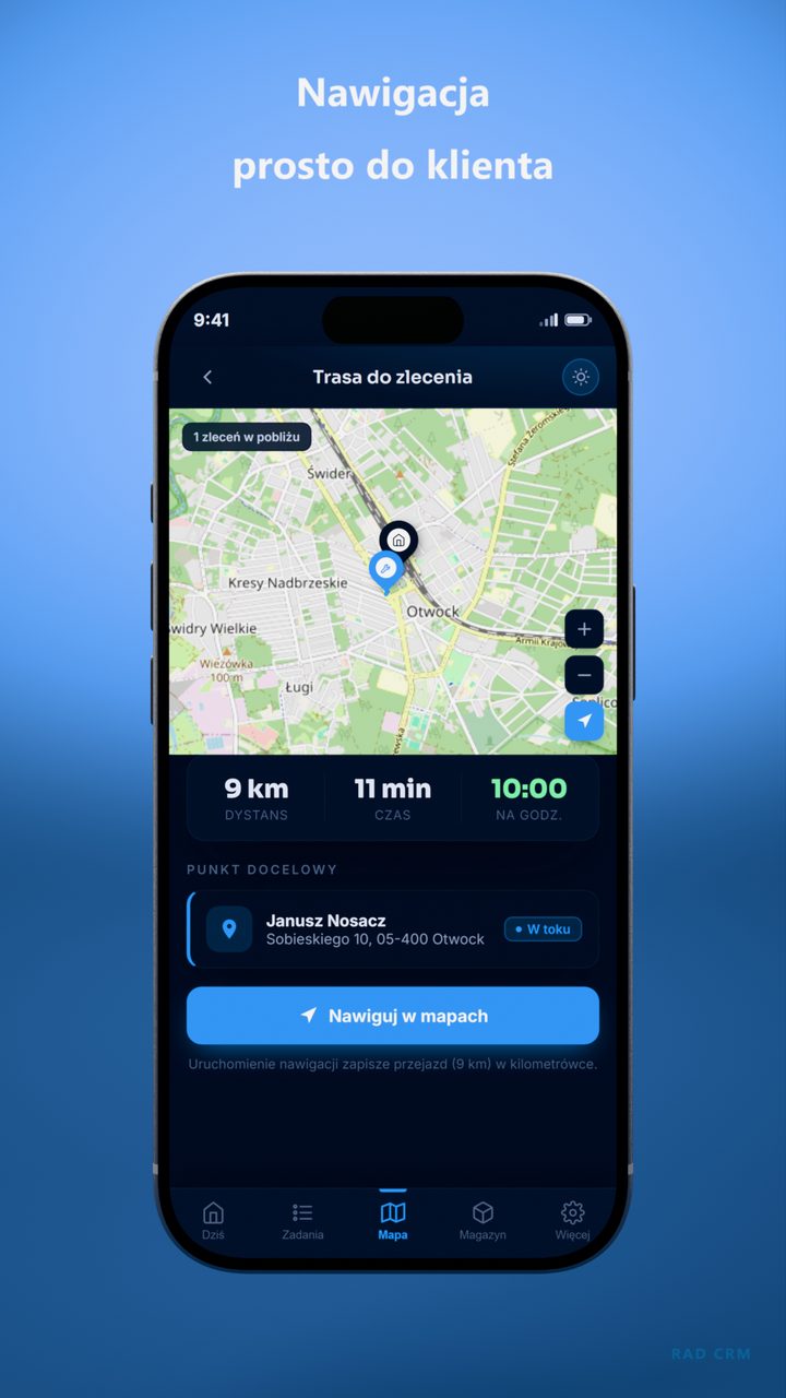 Nawigacja prosto do klienta — ekran aplikacji RAD CRM