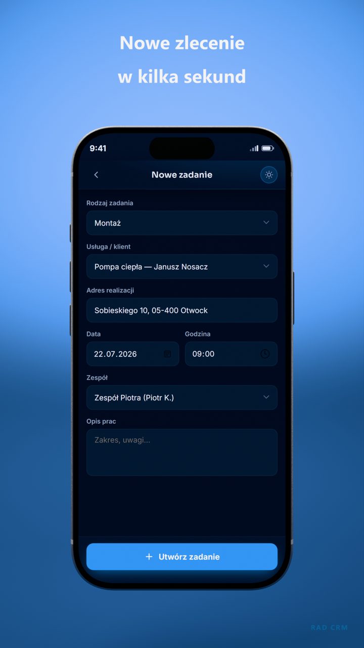 Nowe zlecenie w kilka sekund — ekran aplikacji RAD CRM