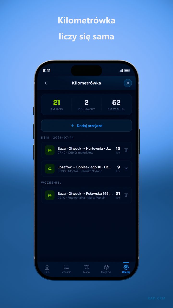Kilometrówka liczy się sama — ekran aplikacji RAD CRM