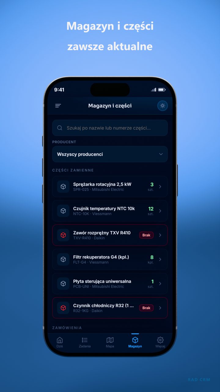 Magazyn i części zawsze aktualne — ekran aplikacji RAD CRM