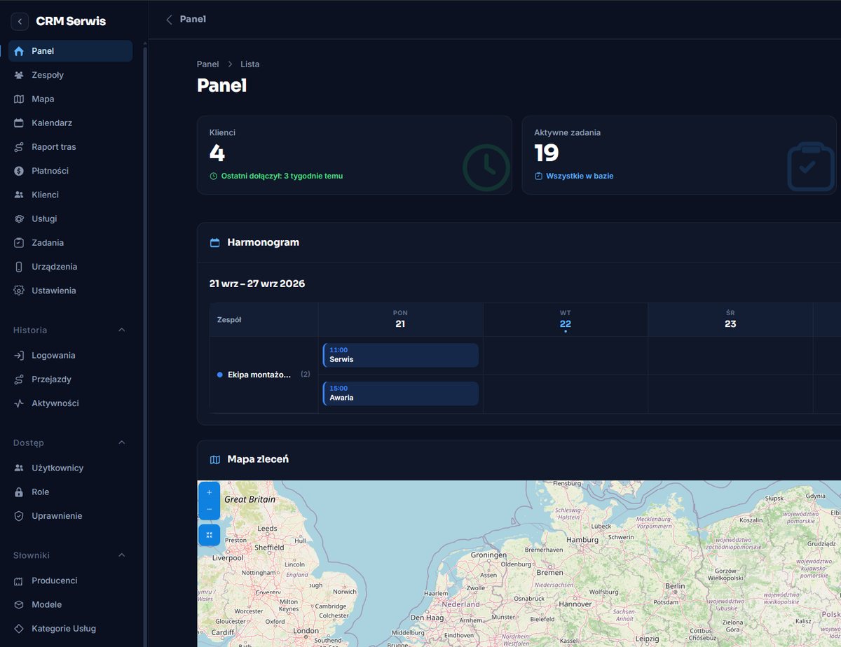 Panel www RAD CRM: statystyki, tygodniowy harmonogram ekip i mapa zleceń